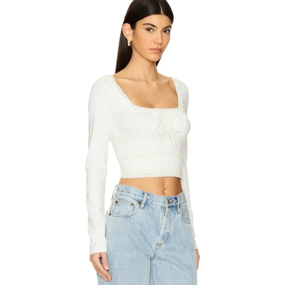 Free People Ivory Lace Trim Square Neck Scarlet Smocked Crop Top Size Small‎ NEW